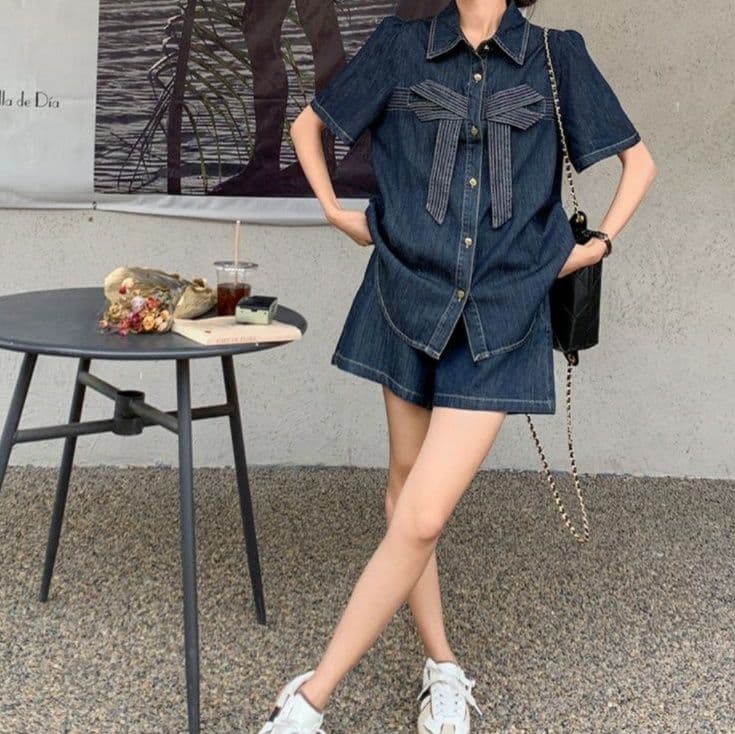 リボンデザイン半袖シャツ＆ショートパンツ きれいめフェミかわデニムセットアップ