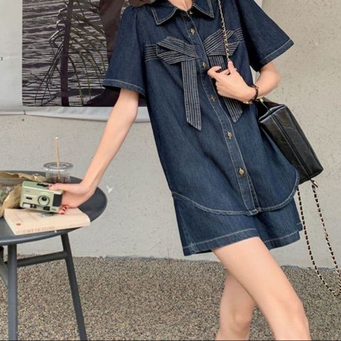 リボンデザイン半袖シャツ＆ショートパンツ きれいめフェミかわデニムセットアップ