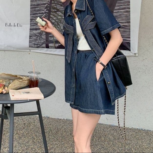 リボンデザイン半袖シャツ＆ショートパンツ きれいめフェミかわデニムセットアップ