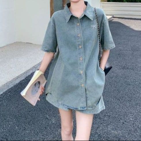 デニムセットアップ リボン刺繍半袖シャツ＆ショートパンツ ゆったりレトロフェミカジ2点セット