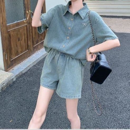 デニムセットアップ リボン刺繍半袖シャツ＆ショートパンツ ゆったりレトロフェミカジ2点セット