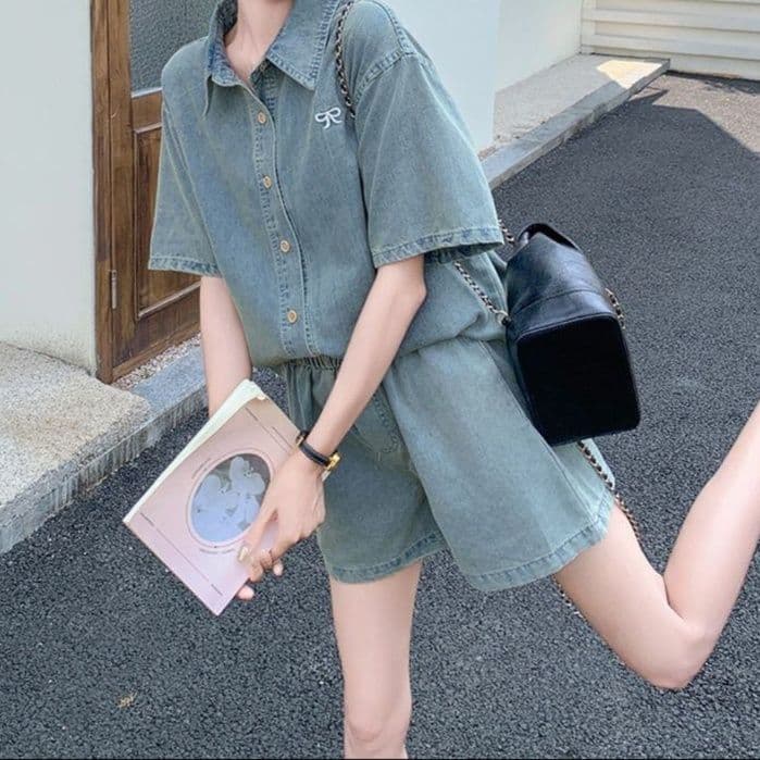 デニムセットアップ リボン刺繍半袖シャツ＆ショートパンツ ゆったりレトロフェミカジ2点セット