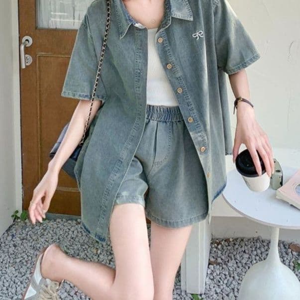 デニムセットアップ リボン刺繍半袖シャツ＆ショートパンツ ゆったりレトロフェミカジ2点セット