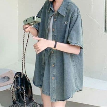 デニムセットアップ リボン刺繍半袖シャツ＆ショートパンツ ゆったりレトロフェミカジ2点セット