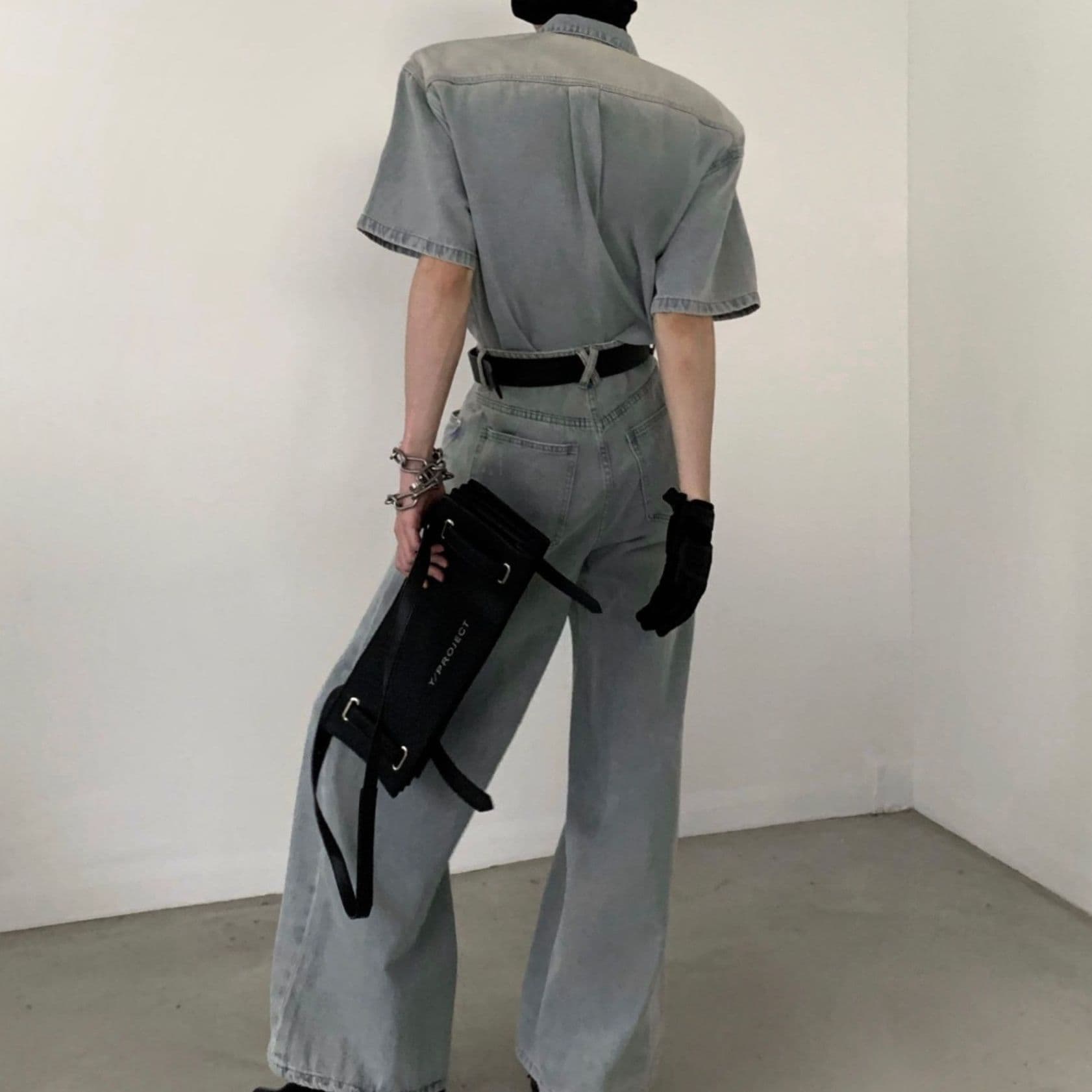 韓国風半袖デニムシャツ＋ワイドパンツ メンズ向け やんちゃクールなヴィンテージセットアップ