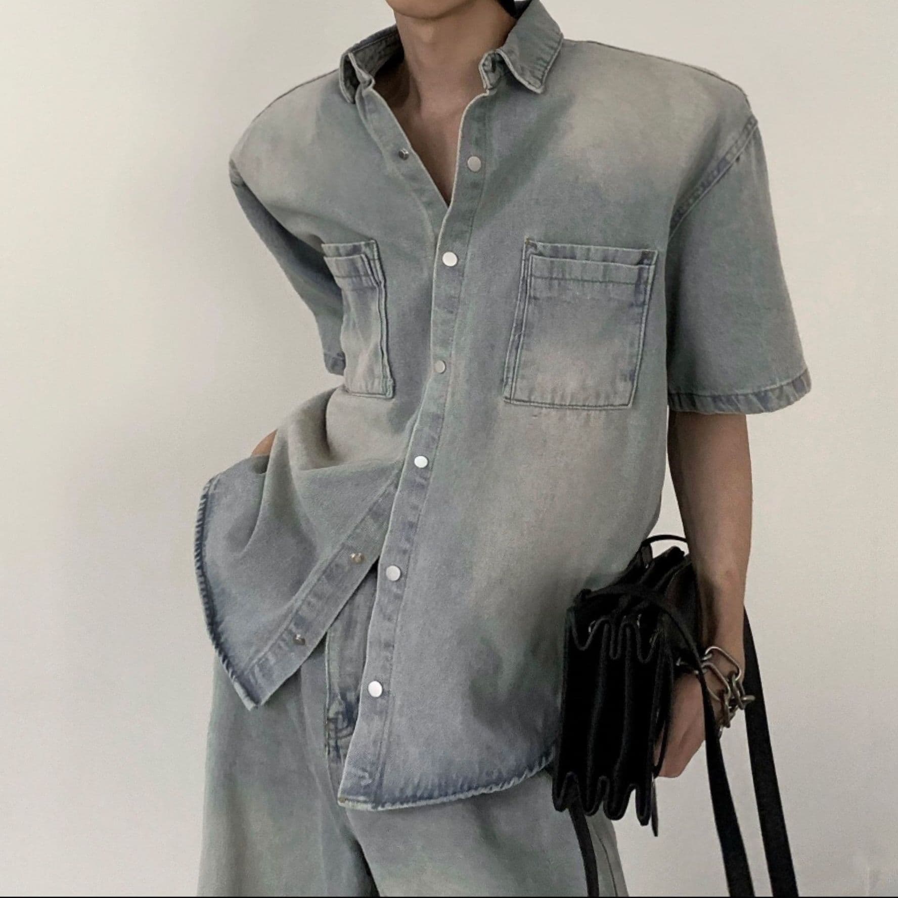韓国風半袖デニムシャツ＋ワイドパンツ メンズ向け やんちゃクールなヴィンテージセットアップ