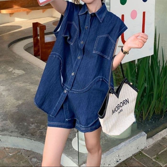 デニムセットアップ ハイエンドノースリーブシャツ×ショートパンツ 韓国風夏向け2点セット