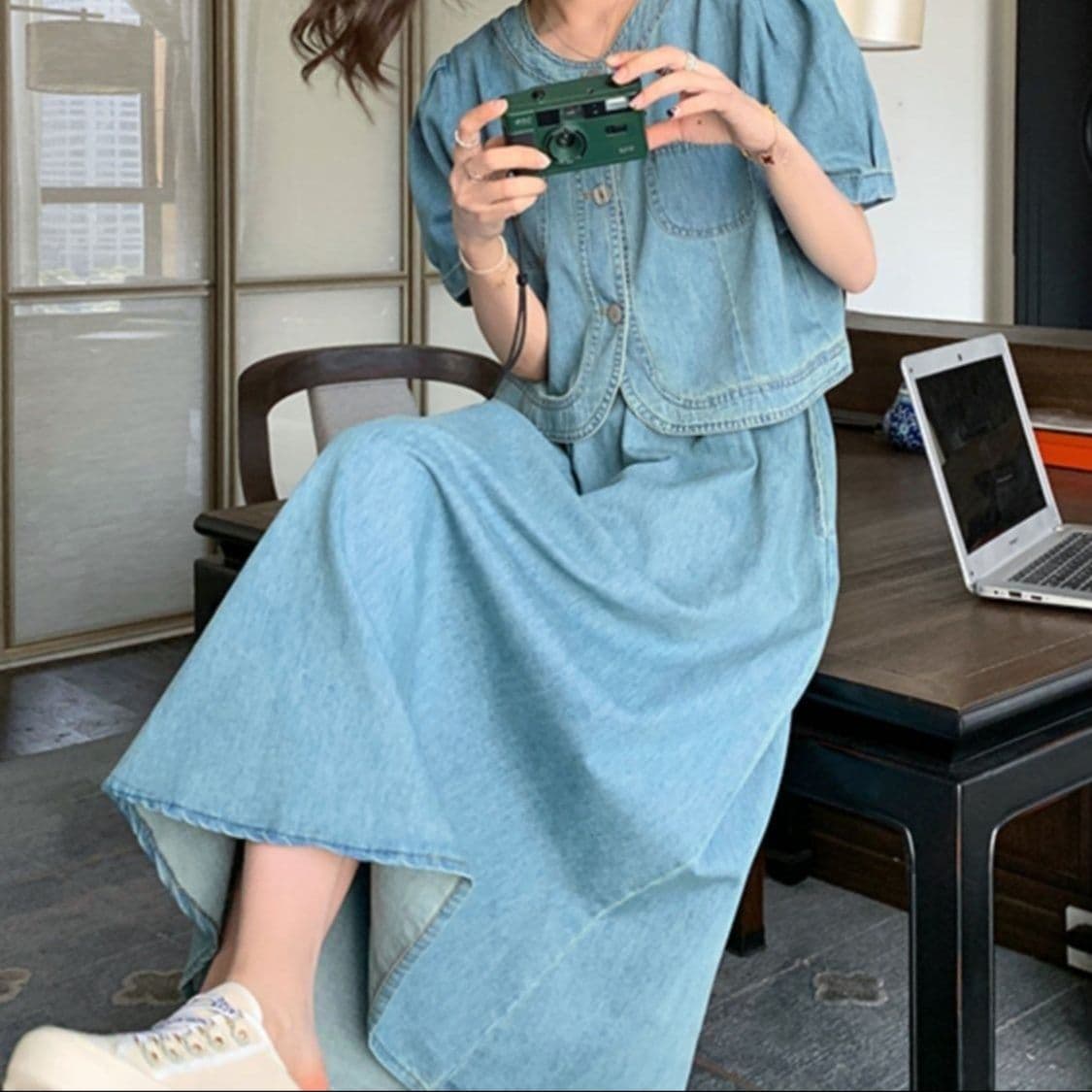 デニムセットアップ ふんわり半袖トップス＆フレアロングスカート ゆったりフェミかわ2点セット