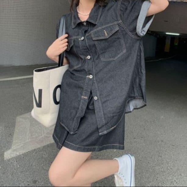 デニムセットアップ ゆったり半袖シャツ＋ショートパンツ 汎用性抜群 こなれカジュアルセット