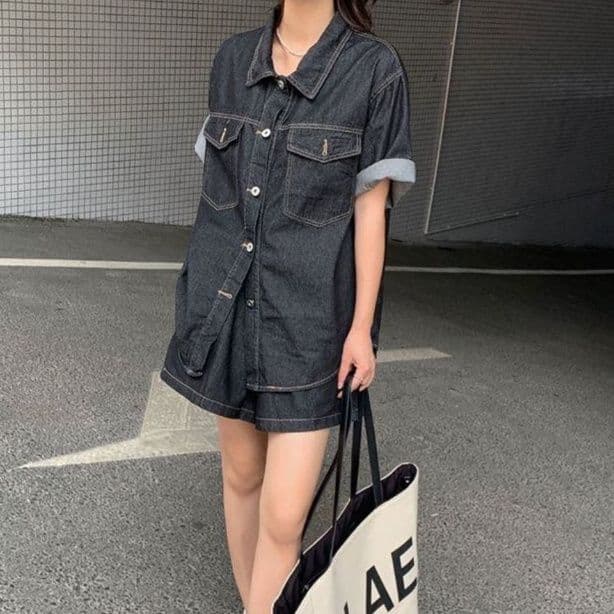 デニムセットアップ ゆったり半袖シャツ＋ショートパンツ 汎用性抜群 こなれカジュアルセット