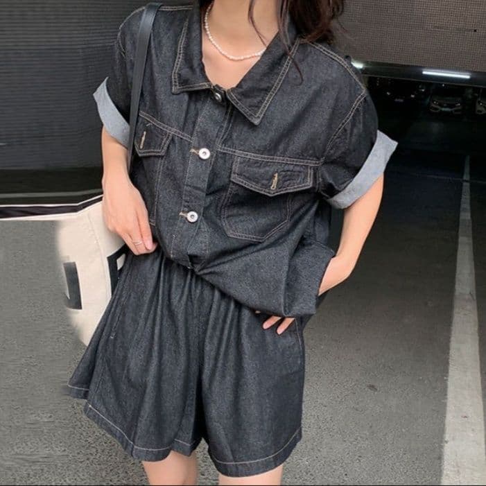 デニムセットアップ ゆったり半袖シャツ＋ショートパンツ 汎用性抜群 こなれカジュアルセット