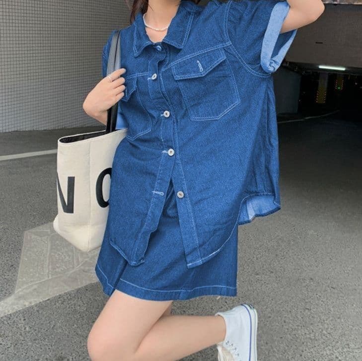 デニムセットアップ ゆったり半袖シャツ＋ショートパンツ 汎用性抜群 こなれカジュアルセット