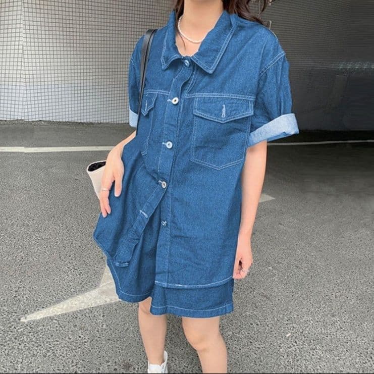 デニムセットアップ ゆったり半袖シャツ＋ショートパンツ 汎用性抜群 こなれカジュアルセット