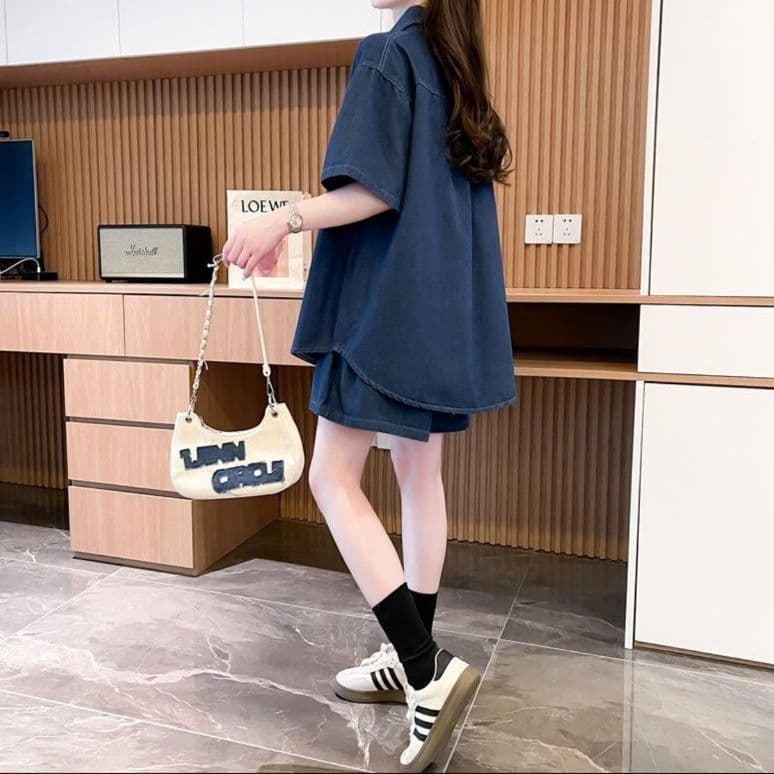 デニムセットアップ 半袖デニムシャツ&ショートパンツ 夏のリラックス上下セット
