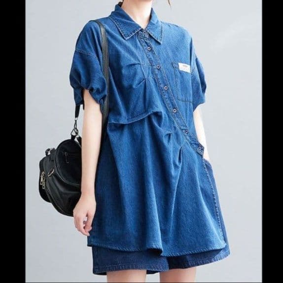デニムセットアップ 斜めボタンシャツ×ショートパンツ 人とかぶらない細見えレトロモダン2点セット
