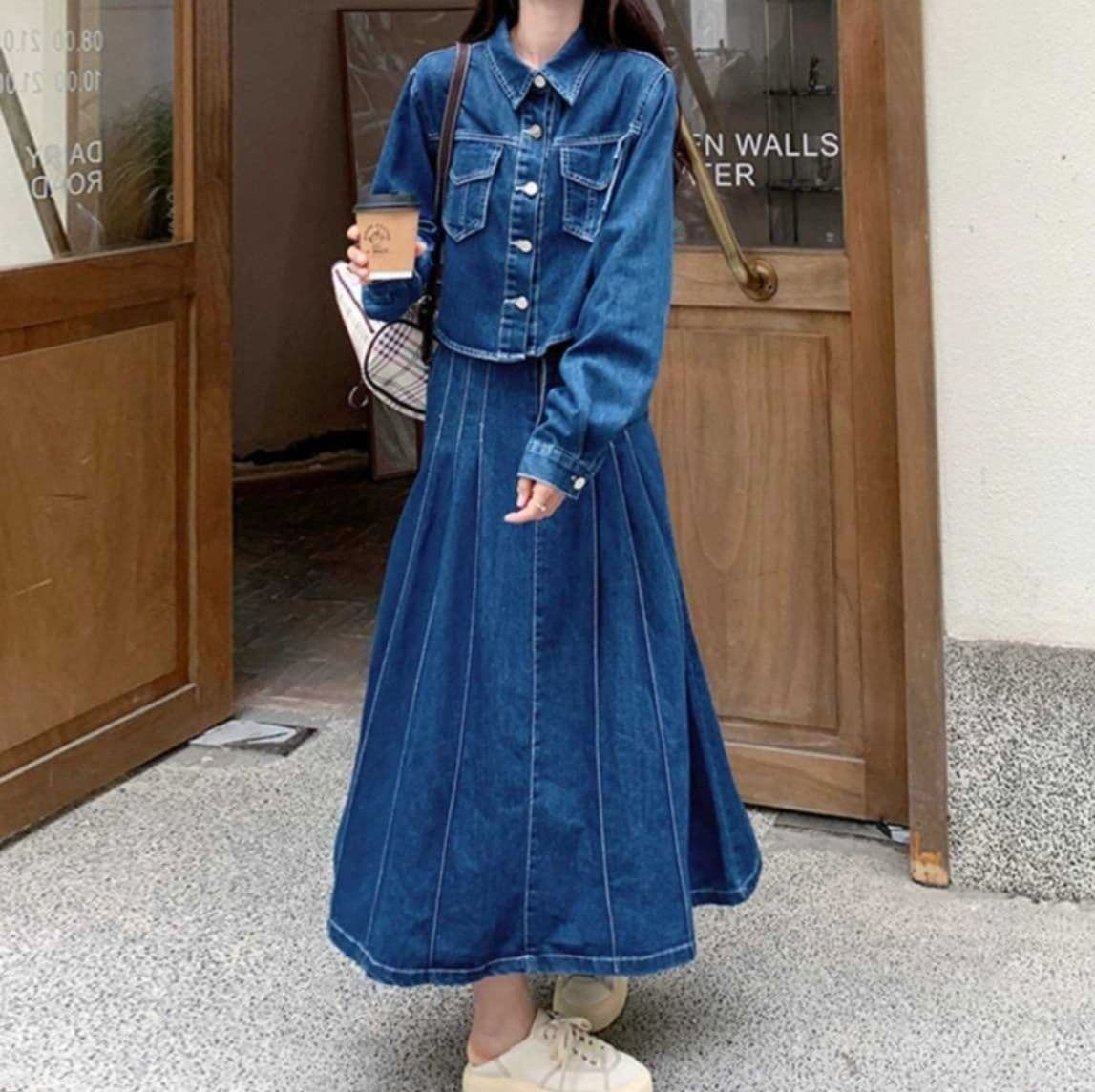 デニムセットアップ クラシカルショートジャケット×プリーツ風ロングスカート 大人フェミニン上下セット