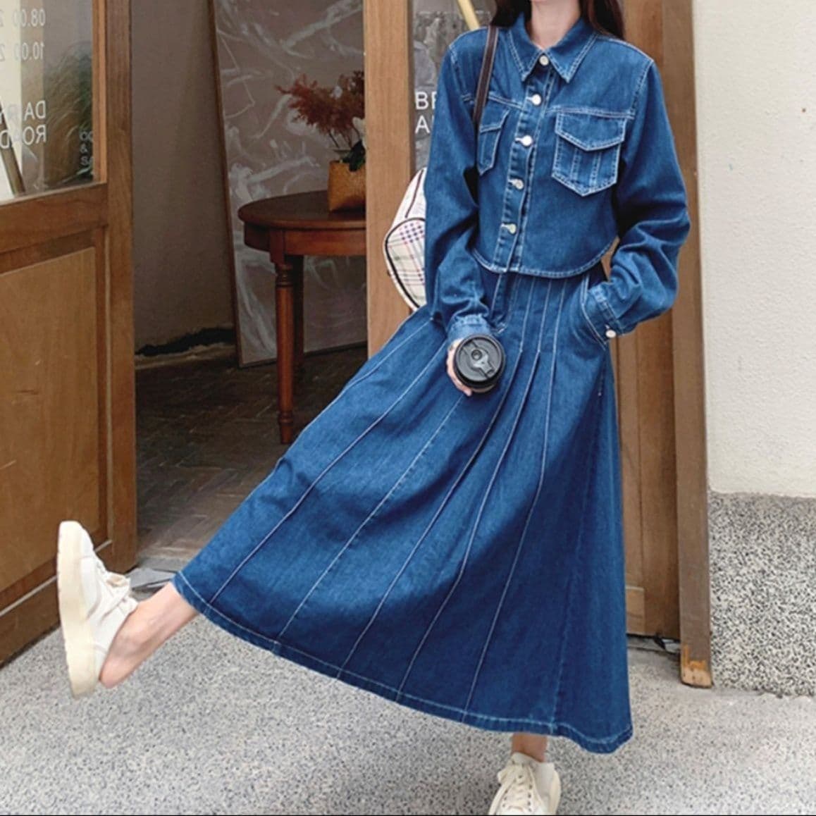 デニムセットアップ クラシカルショートジャケット×プリーツ風ロングスカート 大人フェミニン上下セット