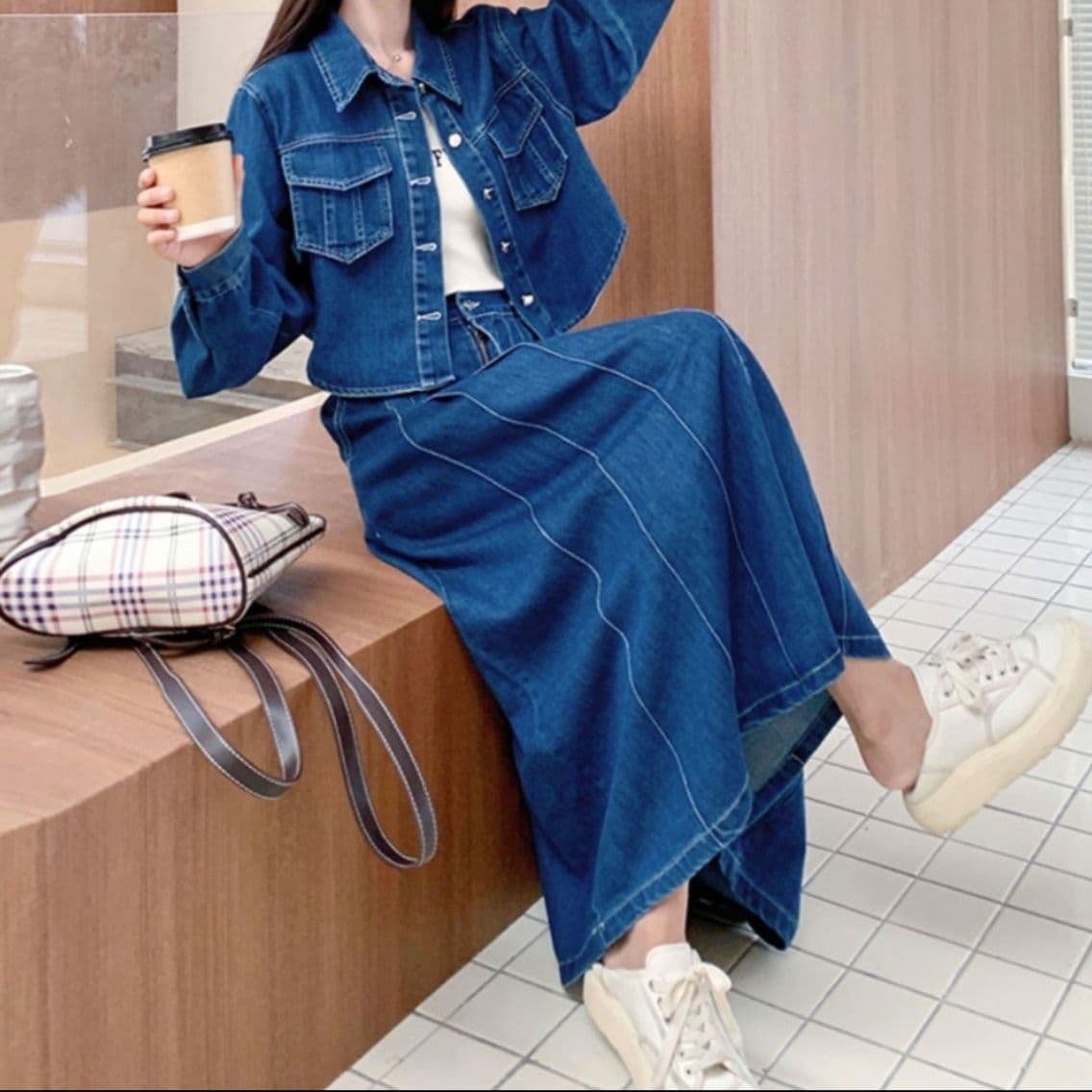 デニムセットアップ クラシカルショートジャケット×プリーツ風ロングスカート 大人フェミニン上下セット