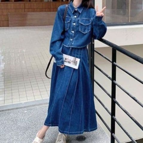 デニムセットアップ クラシカルショートジャケット×プリーツ風ロングスカート 大人フェミニン上下セット