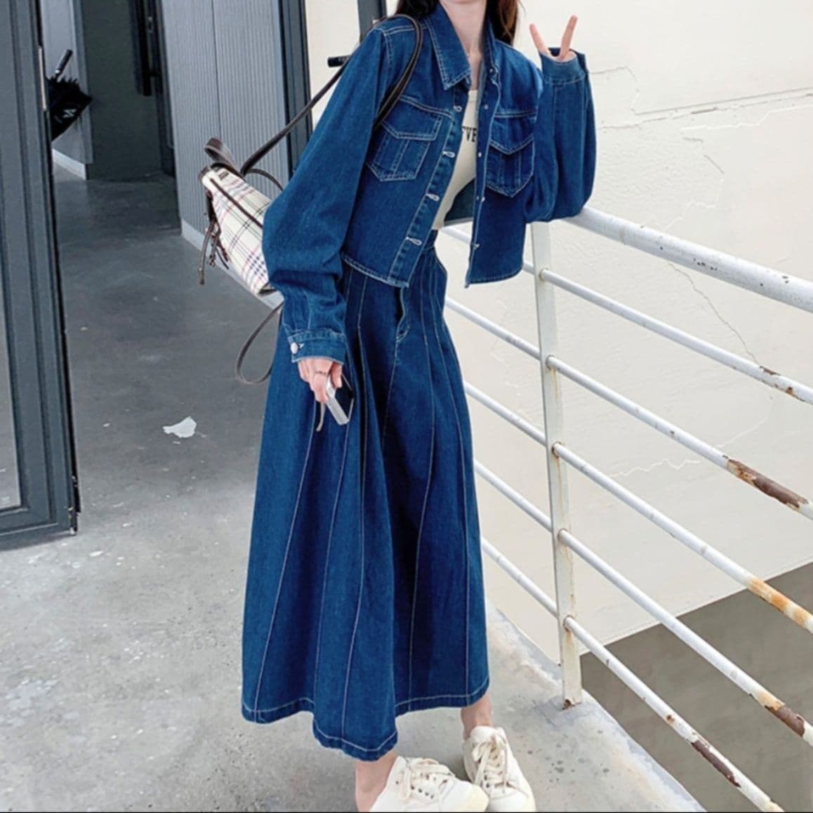 デニムセットアップ クラシカルショートジャケット×プリーツ風ロングスカート 大人フェミニン上下セット