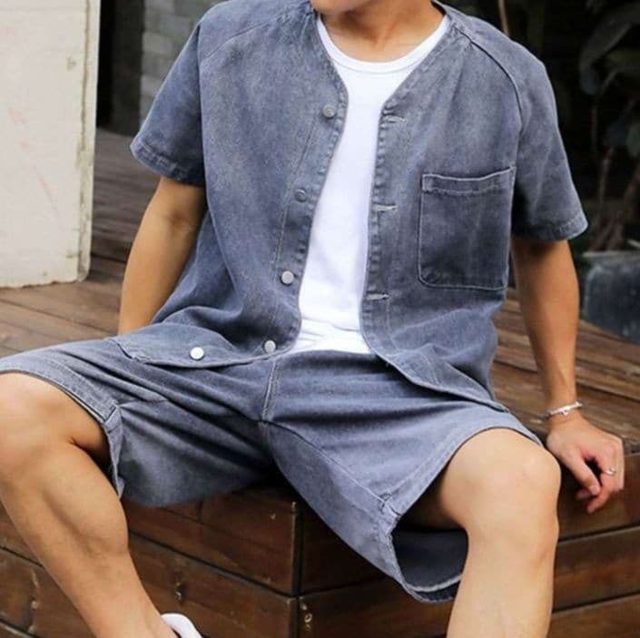 デニムセットアップ 半袖シャツジャケット×ハーフパンツ メンズ夏向け ヴィンテージ風2点セット