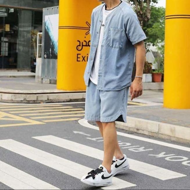 デニムセットアップ 半袖シャツジャケット×ハーフパンツ メンズ夏向け ヴィンテージ風2点セット