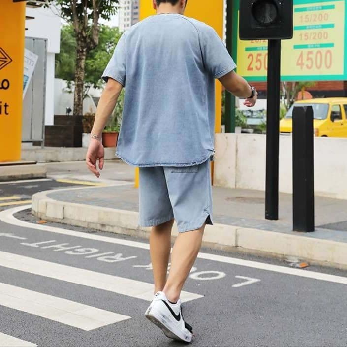 デニムセットアップ 半袖シャツジャケット×ハーフパンツ メンズ夏向け ヴィンテージ風2点セット
