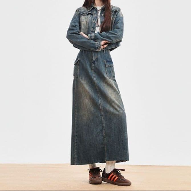 デニムセットアップ ショートジャケット×スリットロングスカート 大人可愛いヴィンテージ風2点セット
