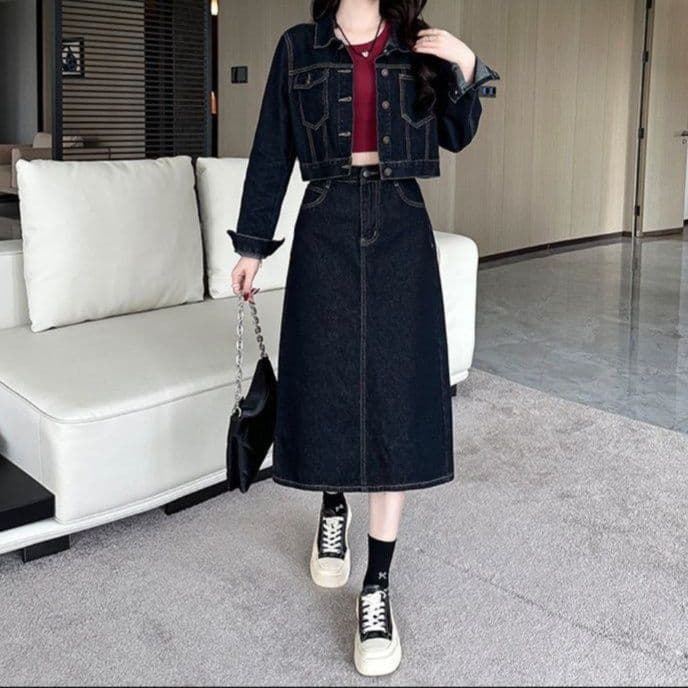 ダークデニムセットアップ クラシカルショートジャケット＆Aラインミディスカート 小柄さん向け 着回し抜群細見えツーピース（上下別売り）