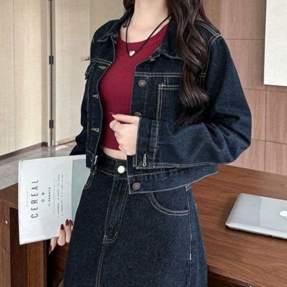 ダークデニムセットアップ クラシカルショートジャケット＆Aラインミディスカート 小柄さん向け 着回し抜群細見えツーピース（上下別売り）