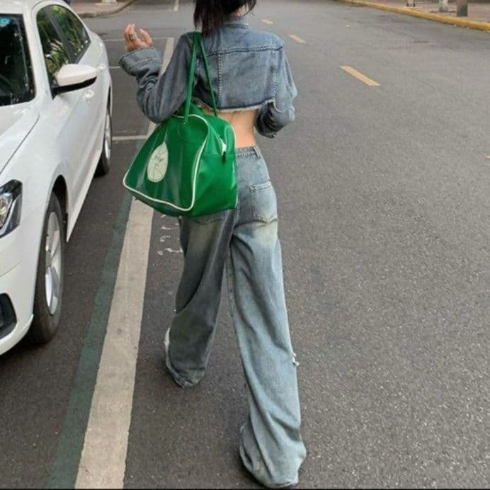 デニムセットアップ ダメージ加工クロップドジャケット×ワイドロングパンツ 香港ストリート風 甘辛華奢見え2点セット