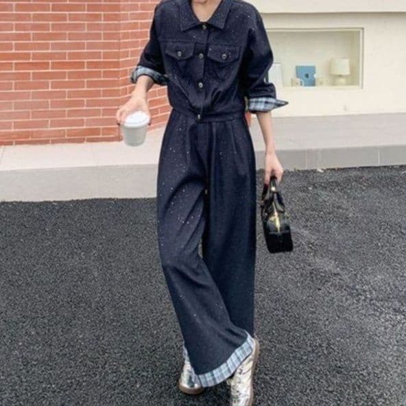 ラメ装飾ネイビーデニムジャケット＆ワイドパンツ 着回し抜群 ゆったりフェミニンセットアップ