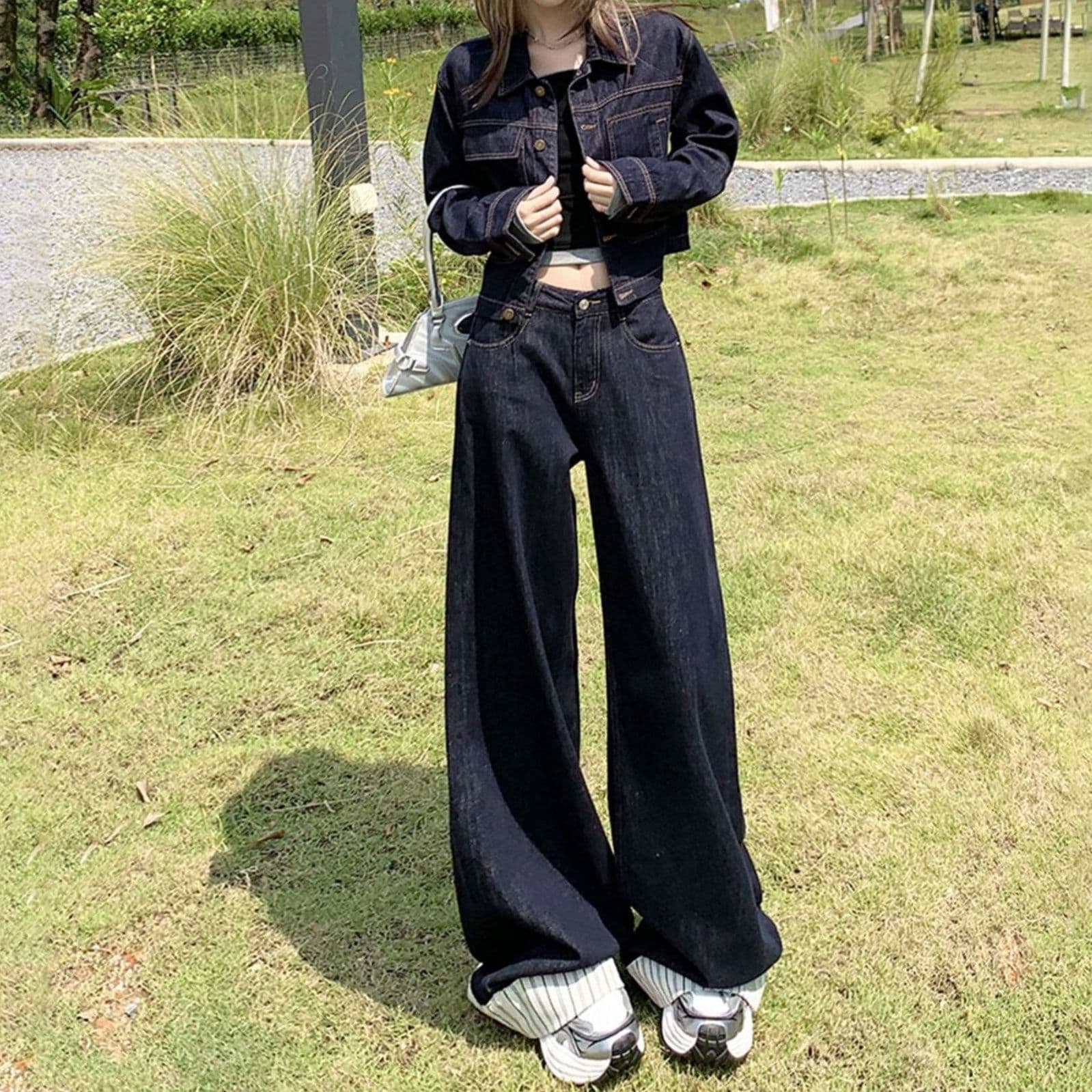 ワーク風ショートジャケット＆ストライプ切替ワイドパンツ ゆったり塩系デニムセットアップ（上下別売り）