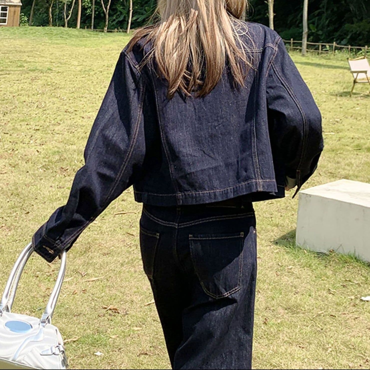 ワーク風ショートジャケット＆ストライプ切替ワイドパンツ ゆったり塩系デニムセットアップ（上下別売り）