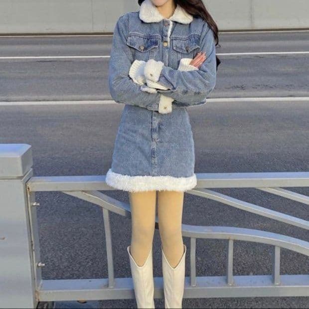 ボア装飾裏起毛デニムショートジャケット＆ハイウエストミニスカート 韓国風もこカワセットアップ