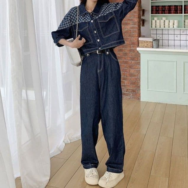 チェック切替ダークデニムジャケット＆ストレートパンツ デザイン性◎ ゆるかわカジュアルセットアップ