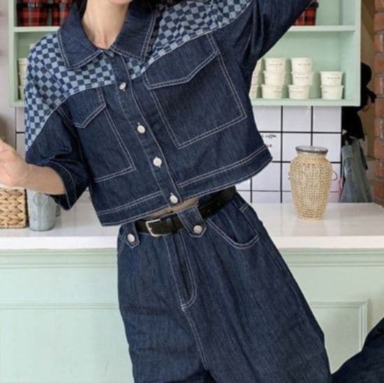 チェック切替ダークデニムジャケット＆ストレートパンツ デザイン性◎ ゆるかわカジュアルセットアップ