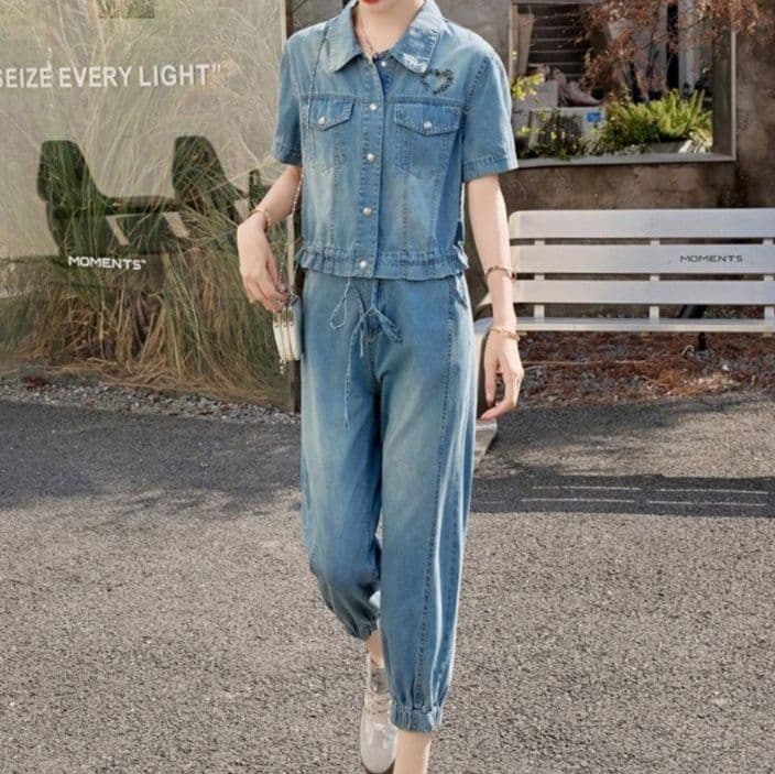 ハートモチーフデニム半袖ジャケット＆ハイウエストクロップドパンツ 着回し抜群 爽やか細見えセットアップ