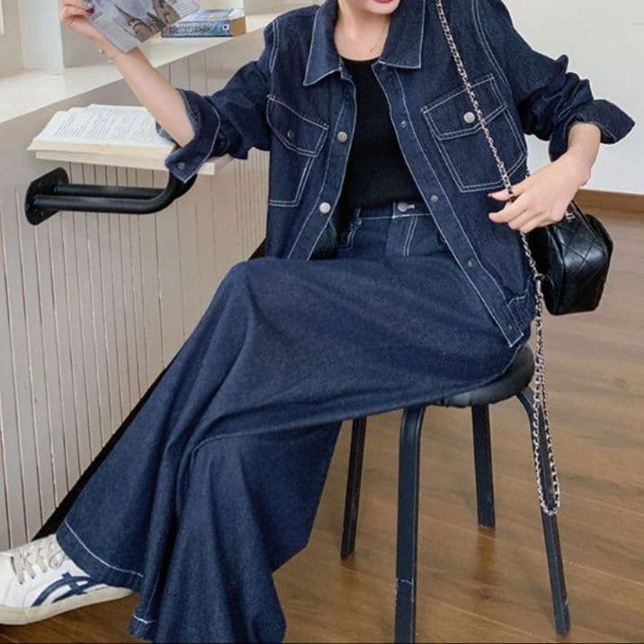 デニムセットアップ クラシカルステッチシャツジャケット＆ワイドパンツ 濃紺高見え 大人カジュアル2点セット