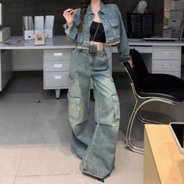 カットオフデニムクロップドジャケット×ストレートワイドパンツ ワークテイスト ヴィンテージ風Y2Kセットアップ（上下別売り）