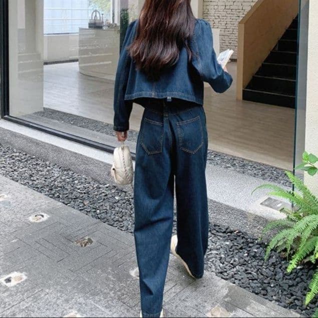 ノーカラーショートジャケット＆ワイドパンツ 着回し万能 上品垢抜けデニムセットアップ