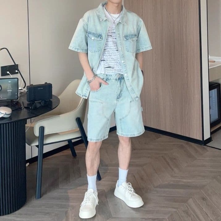 デニムセットアップ ヴィンテージ風半袖シャツ×ハーフパンツ メンズ夏向け 垢抜けワークカジュアル2点セット