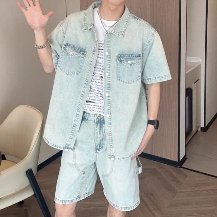 デニムセットアップ ヴィンテージ風半袖シャツ×ハーフパンツ メンズ夏向け 垢抜けワークカジュアル2点セット