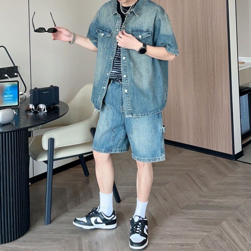 デニムセットアップ ヴィンテージ風半袖シャツ×ハーフパンツ メンズ夏向け 垢抜けワークカジュアル2点セット
