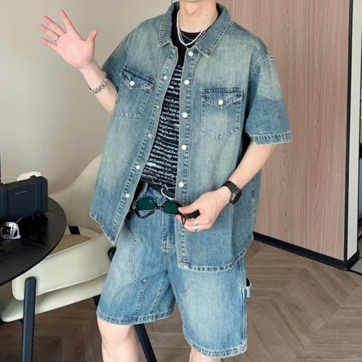 デニムセットアップ ヴィンテージ風半袖シャツ×ハーフパンツ メンズ夏向け 垢抜けワークカジュアル2点セット
