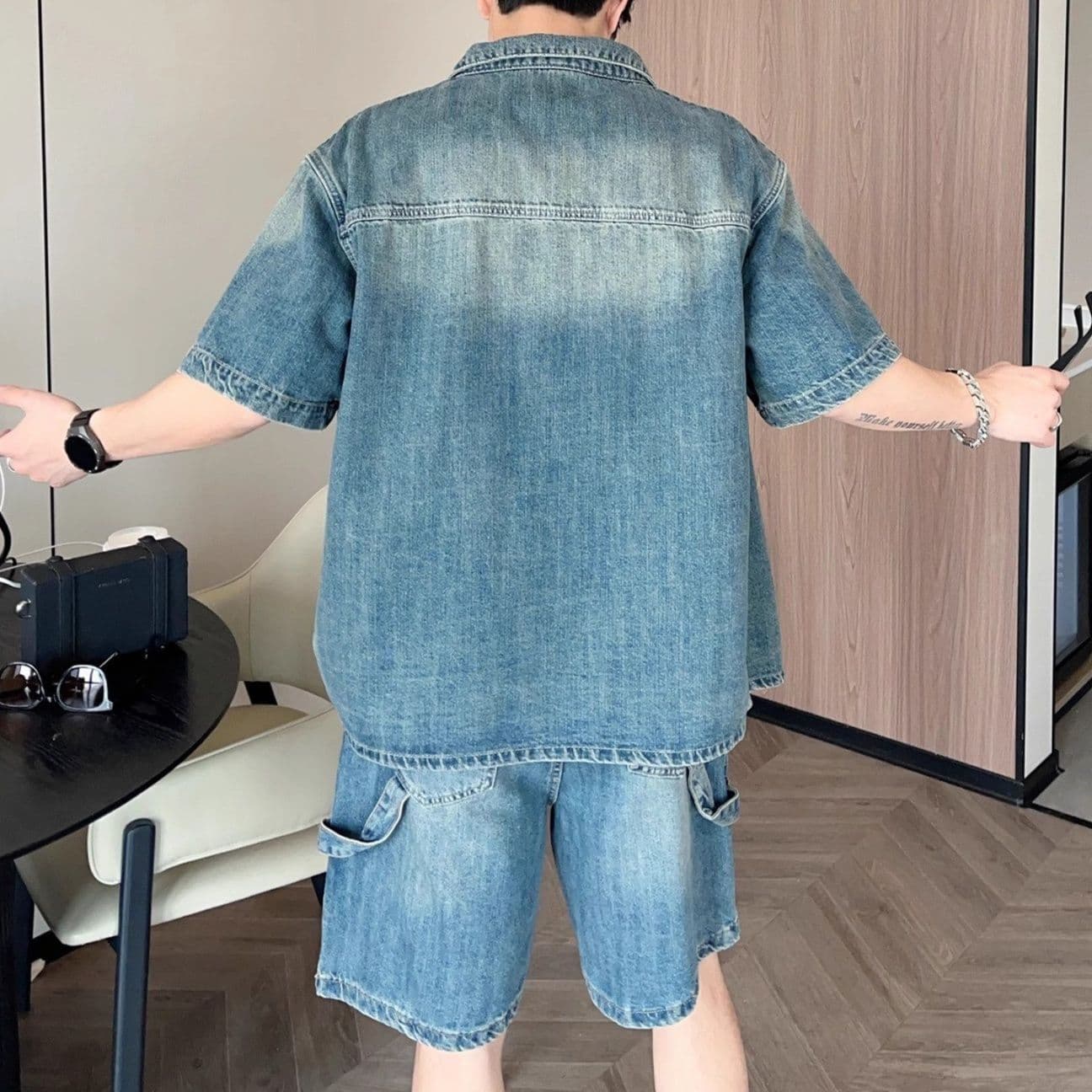 デニムセットアップ ヴィンテージ風半袖シャツ×ハーフパンツ メンズ夏向け 垢抜けワークカジュアル2点セット