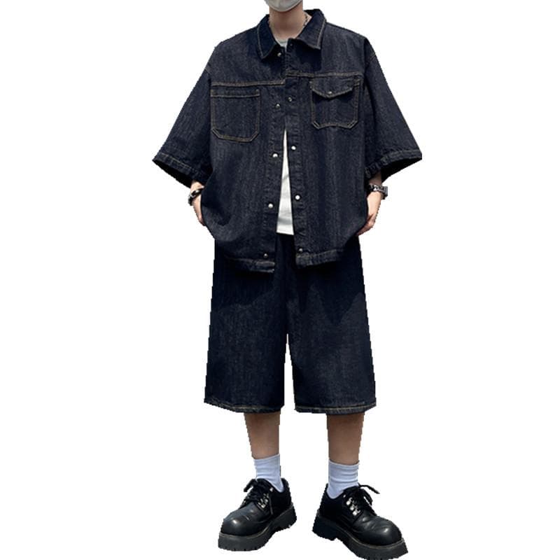 ダークデニムセットアップ オーバーサイズ七分袖シャツ×ワイドハーフパンツ メンズ向け リラックス2点セット