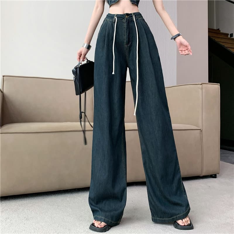 ホルターネックデニムビスチェトップス×ハイウエストワイドストレートパンツ 脚長見えレトロモダンセットアップ