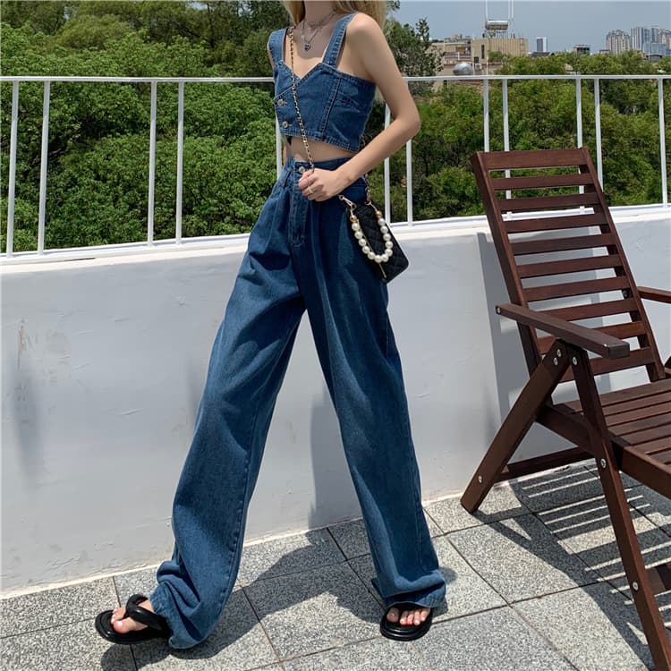 肩紐付き薄手デニムビスチェ×ハイウエストワイドロングパンツ 細見えアメカジセットアップ（上下別売り）