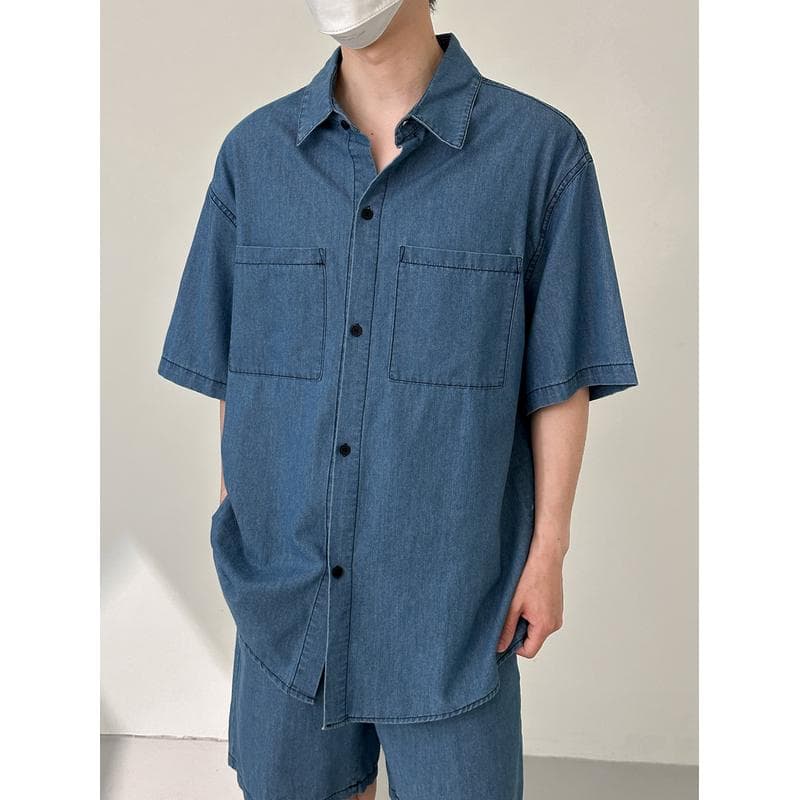 デニムセットアップ 半袖シャツ＋ハーフパンツ メンズ向け ゆったりクールカジュアル2点セット
